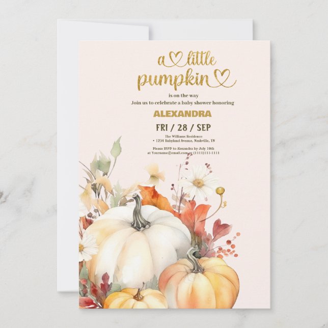 Little pumpkin fall watercolor floral baby shower invitation (Front)