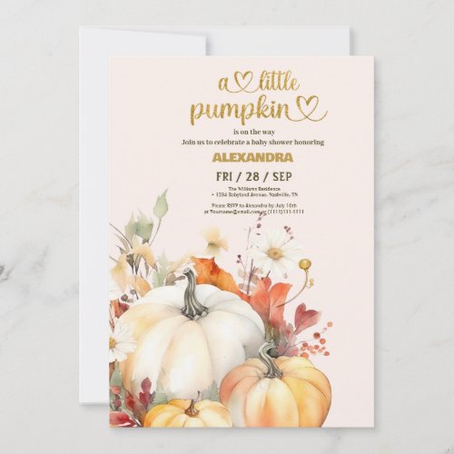 Little pumpkin fall watercolor floral baby shower invitation