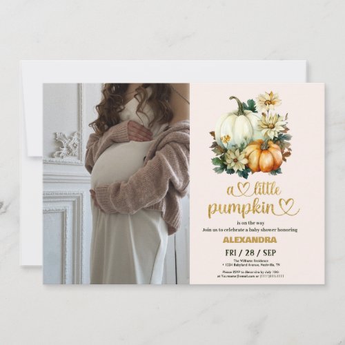 Little pumpkin fall watercolor floral baby shower invitation