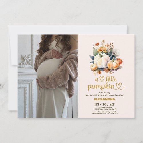 Little pumpkin fall watercolor floral baby shower invitation