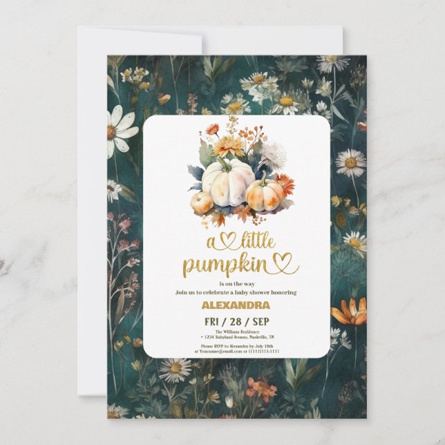 Little pumpkin fall watercolor floral baby shower invitation (Front)