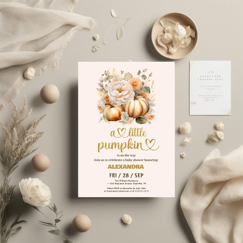 Little pumpkin fall watercolor floral baby shower invitation