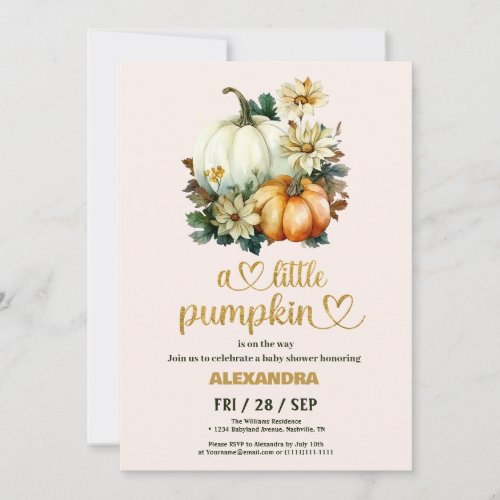 Little pumpkin fall watercolor floral baby shower invitation