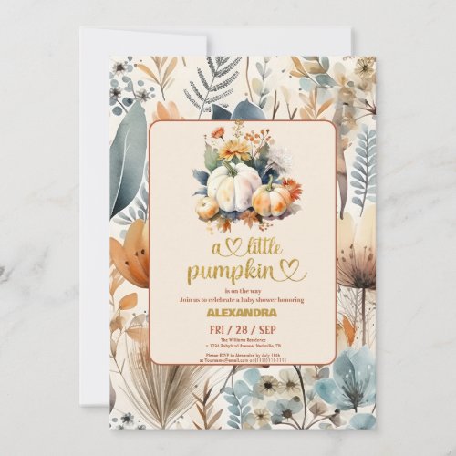 Little pumpkin fall watercolor floral baby shower invitation