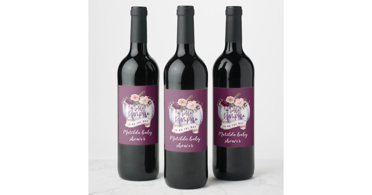 Little Pumpkin Fall Watercolor Floral Baby Shower Wine Label Zazzle Com