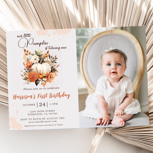 Little Pumpkin Fall Wildflower Pattern Birthday  Invitation