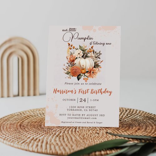 Little Pumpkin Fall Wildflower Pattern Birthday  Invitation