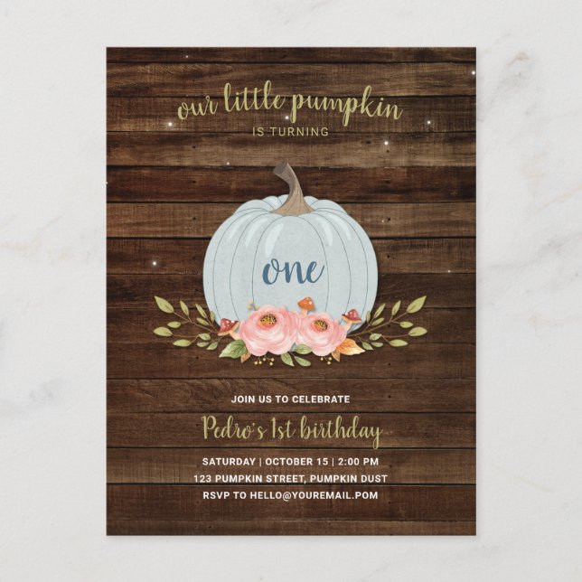 Little Pumpkin First Birthday 1st Boy Autumn Fall Invitation Postcard (Front)