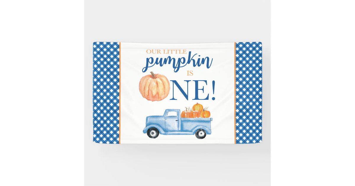 Little Pumpkin First Birthday blue truck plaid Ban Banner | Zazzle