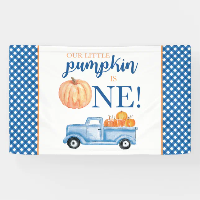 Little Pumpkin First Birthday blue truck plaid Ban Banner | Zazzle