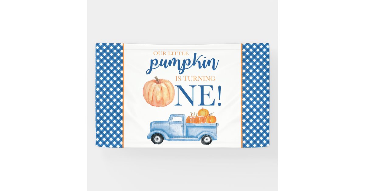 Little Pumpkin First Birthday blue truck plaid Banner | Zazzle