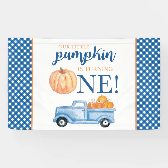 Little Pumpkin First Birthday blue truck plaid Banner | Zazzle