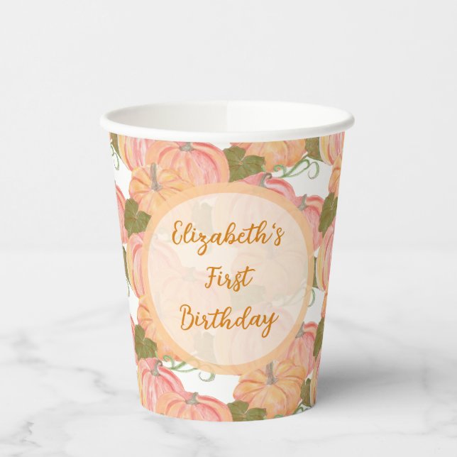 Little Pumpkin First Birthday Custom Name Paper Cups (Left)