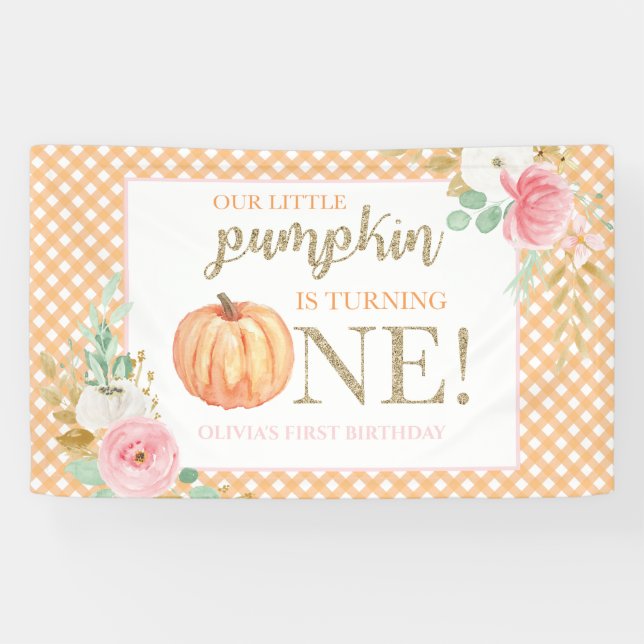 Little Pumpkin first birthday floral and plaid Banner (Horizontal)