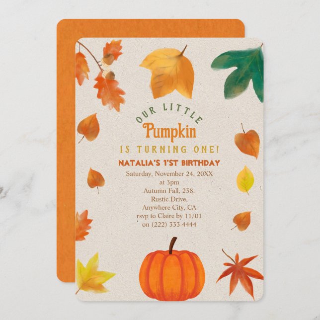  Little Pumpkin first birthday Invitation (Front/Back)