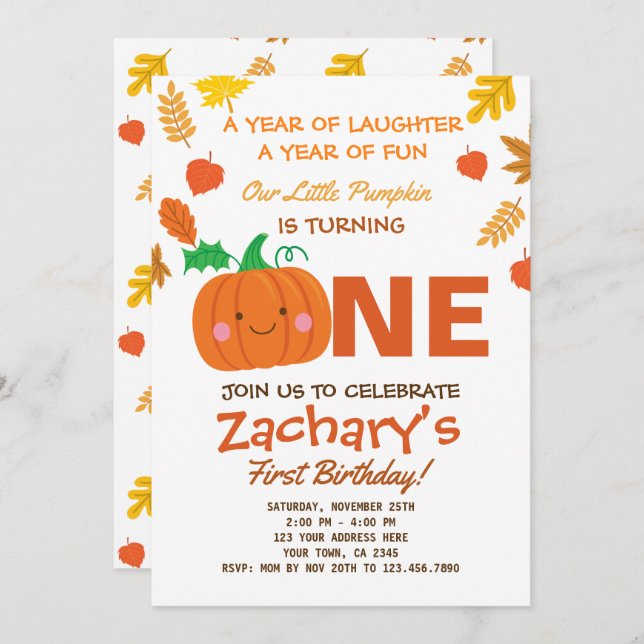Little Pumpkin First Birthday Invitation (Front/Back)