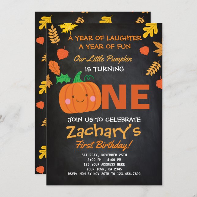Little Pumpkin First Birthday Invitation, Black Invitation (Front/Back)
