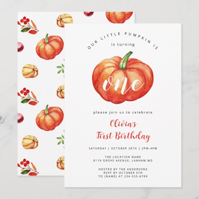 Little pumpkin first birthday party invitation  (Front/Back)