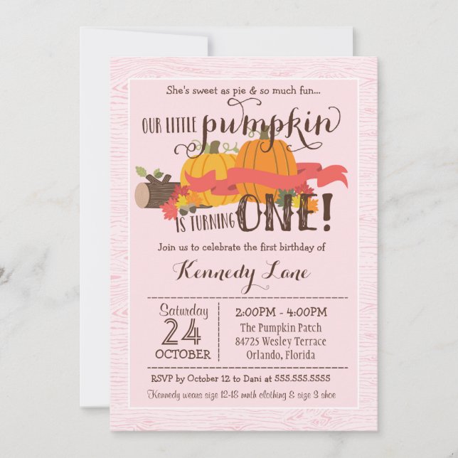 Little Pumpkin First Birthday Party Pink Invitation (Front)
