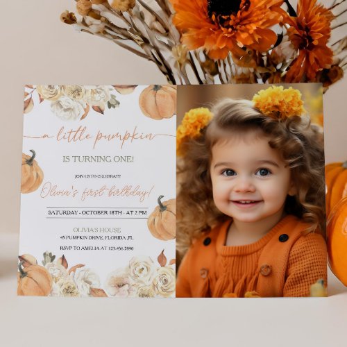 Little Pumpkin First Birthday Photo Invitation