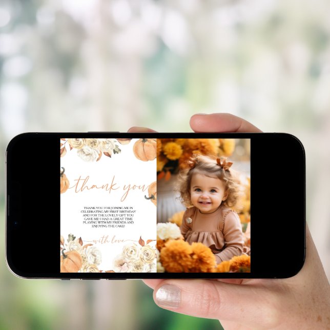 Little Pumpkin First Birthday Photo Thank You Card (Front Digital)