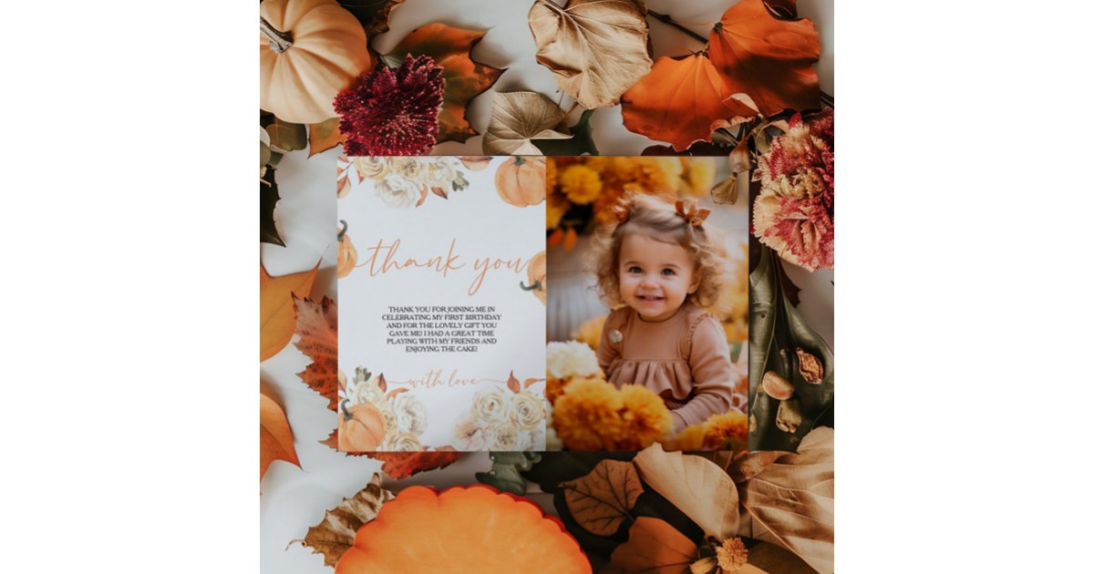Little Pumpkin First Birthday Photo Thank You Card | Zazzle