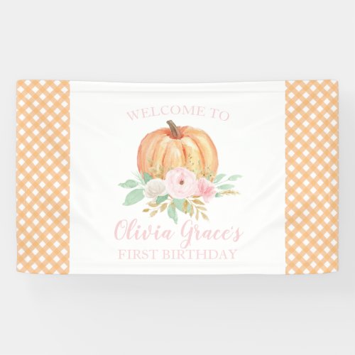 Little Pumpkin First Birthday pink floral plaid Banner