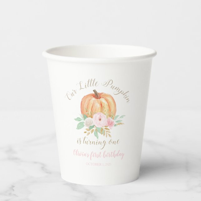 Little Pumpkin first birthday pink gold Paper Cups (Front)