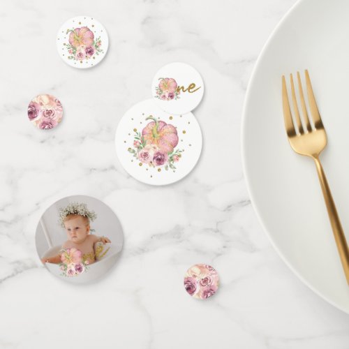 Little Pumpkin First Birthday Pink Photo Confetti