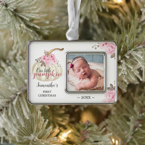 Little Pumpkin First Christmas Pink Floral Photo Christmas Ornament