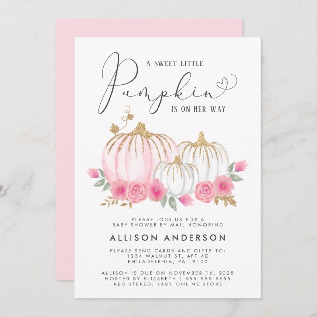 Little Pumpkin Floral Baby Girl Shower By Mail Invitation (Front/Back)