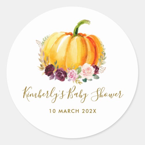 Little pumpkin floral baby shower classic round sticker