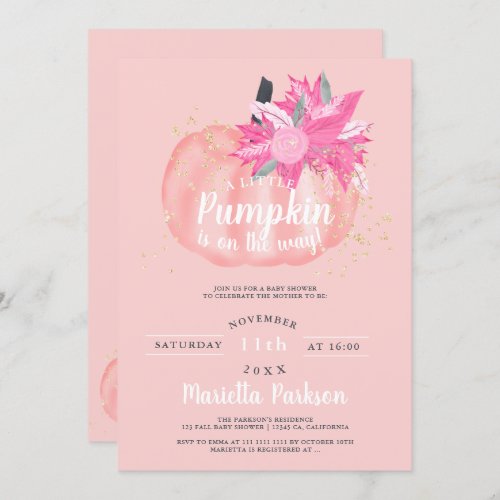 Little pumpkin floral blush pink fall baby shower invitation