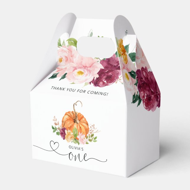 Little pumpkin floral burgundy 1st birthday party favor boxes (Front Side)