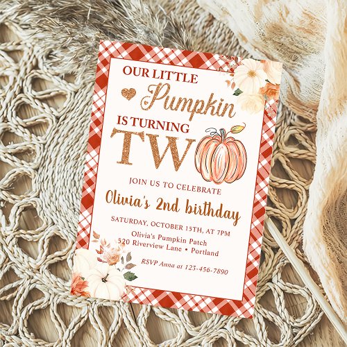 Little Pumpkin Floral Fall 2nd Birthday Party Invitation