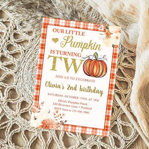 Little Pumpkin Floral Fall 2nd Birthday Party Invitation