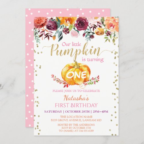 Little Pumpkin Floral Girl Baby 1st Birthday Party Invitation