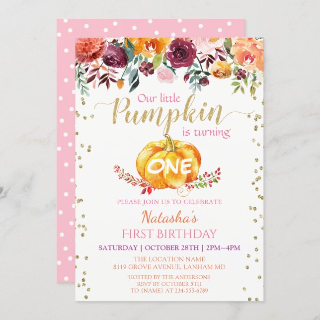 Little Pumpkin Floral Girl Baby 1st Birthday Party Invitation (Front/Back)