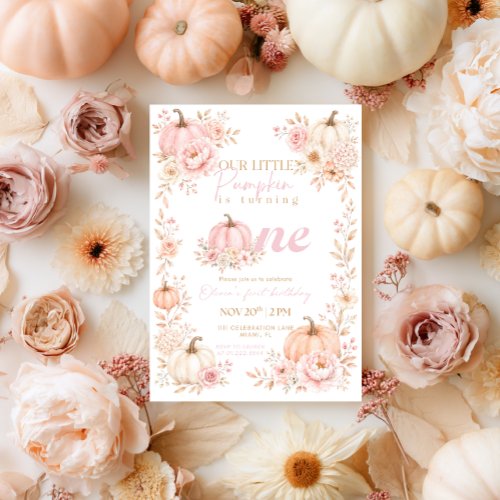 Little Pumpkin Floral Girl Fall 1st First Birthday Invitation