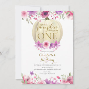 Little Pumpkin Floral Girls 1st Birthday Invitation