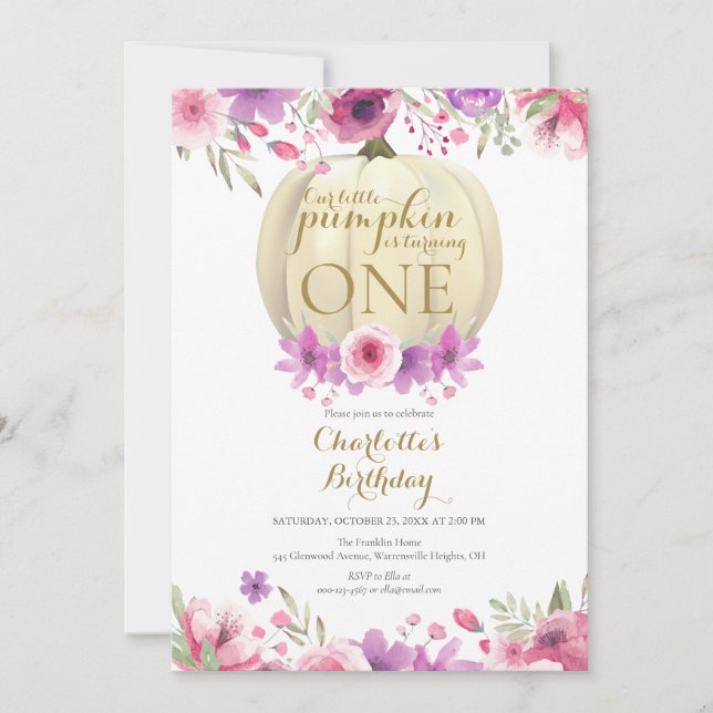 Little Pumpkin Floral Girls 1st Birthday Invitation (Front)