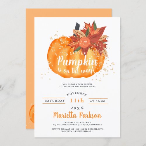 Little pumpkin floral orange fall baby shower invitation