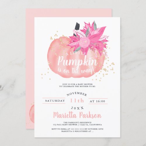 Little pumpkin floral pastel pink fall baby shower invitation