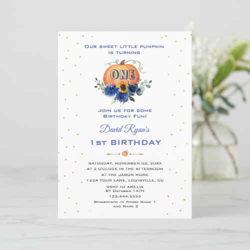 Little Pumpkin Floral Thanksgiving 1st Birthday Invitation