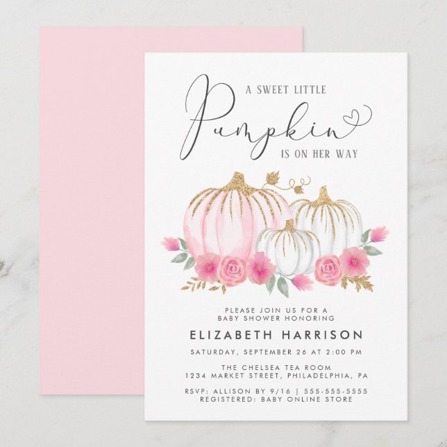 Little Pumpkin Floral Watercolor Baby Girl Invitation (Front/Back)