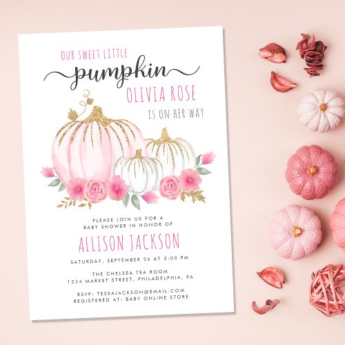 Little Pumpkin Floral Watercolor Baby Girl Shower Invitation