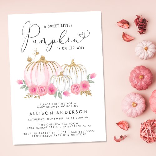 Little Pumpkin Floral Watercolor Baby Girl Shower Invitation