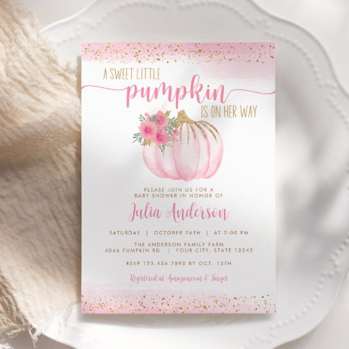 Little Pumpkin Floral Watercolor Baby Girl Shower  Invitation