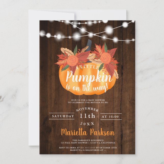 Little pumpkin floral wood lights fall baby shower invitation (Front)