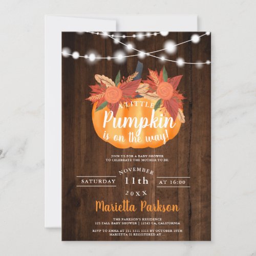 Little pumpkin floral wood lights fall baby shower invitation